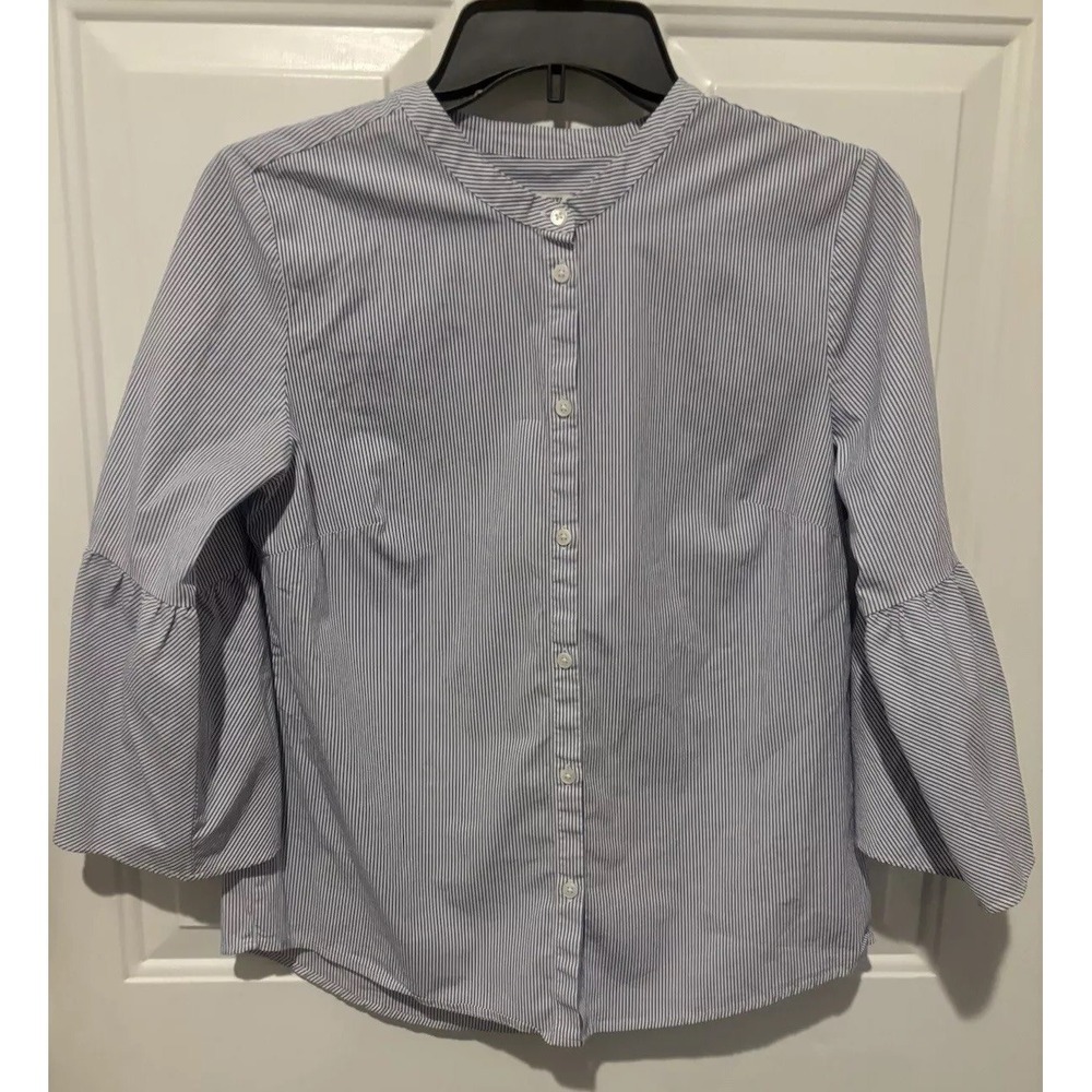 J.Crew Women's Blue & White Pin Striped Cotton Blend Top Size 4 Bell Sleeves